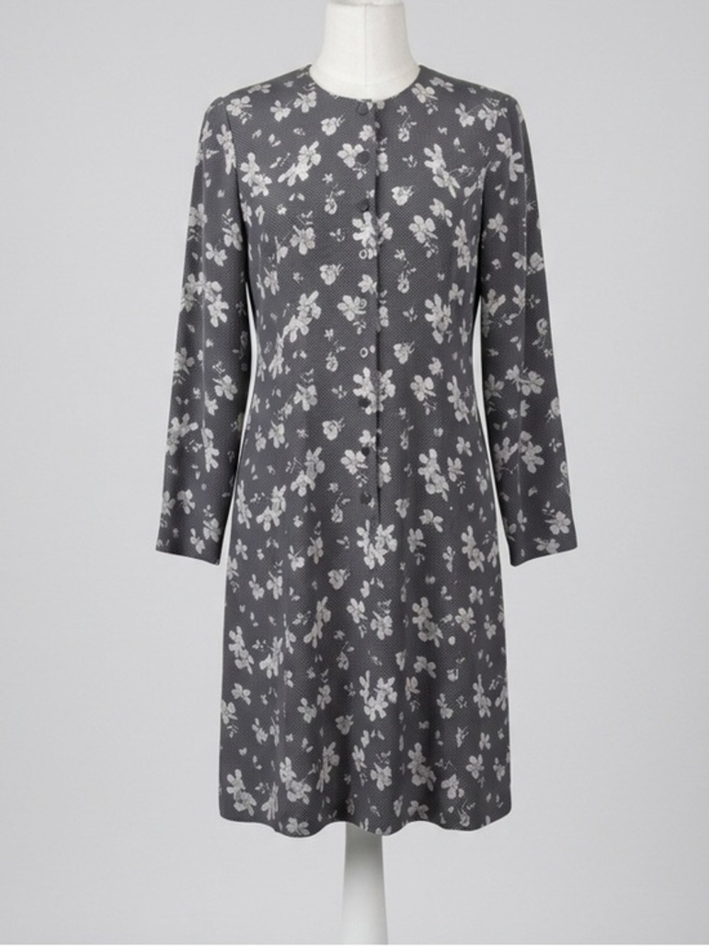 Episode Vintage 100% Silk Floral Mini Polka Dot Long Sleeve Midi Dress Gray 6